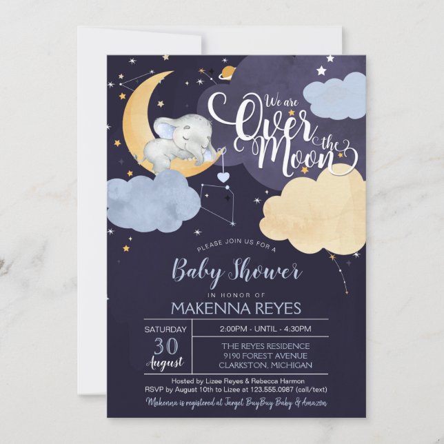 Over The Moon Sleeping Elephant Boy Baby Shower In Invitation (Front)