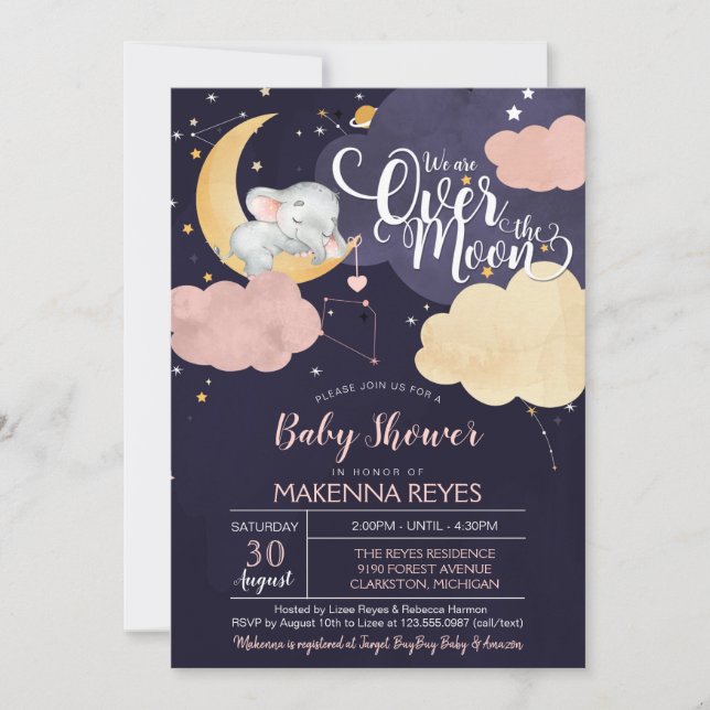 Over The Moon Sleeping Elephant Girl Baby Shower I Invitation (Front)