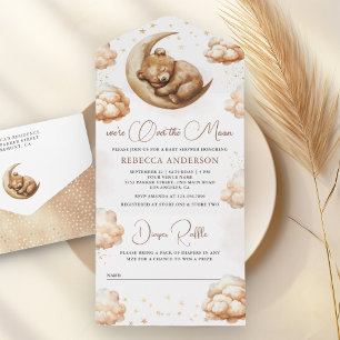 Over the Moon Sleeping Teddy Bear Boho Baby Shower All In One Invitation