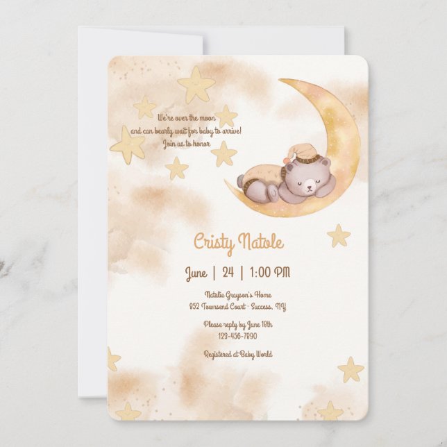 Over the Moon Sleepy Teddy Bear Baby Shower Invitation (Front)
