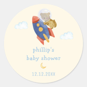 Over The Moon Spaceship Rocket Bear Baby Shower Classic Round Sticker
