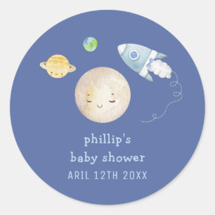 Over The Moon Spaceship Rocket Boy Baby Shower Classic Round Sticker