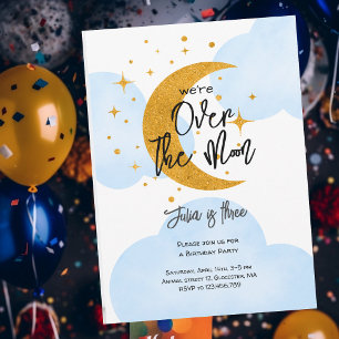 Over the moon sparkling moon kids Birthday Invitation