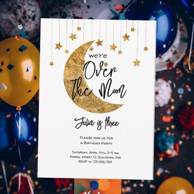 Over the moon sparkling moon kids Birthday Invitation (Creator Uploaded)