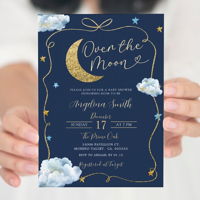 Over the Moon Stars Baby Shower Handdrawn With Bow Invitation (Creator Uploaded)