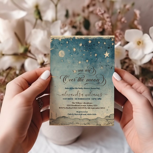 Over the Moon Stars Blue Baby Shower Invitation (Creator Uploaded)