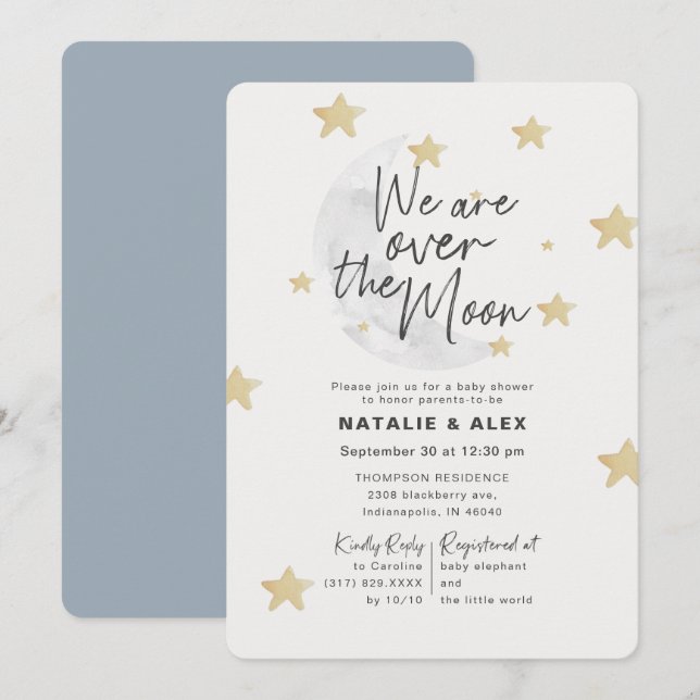 Over The Moon & Stars Boy Baby Shower Invitation (Front/Back)