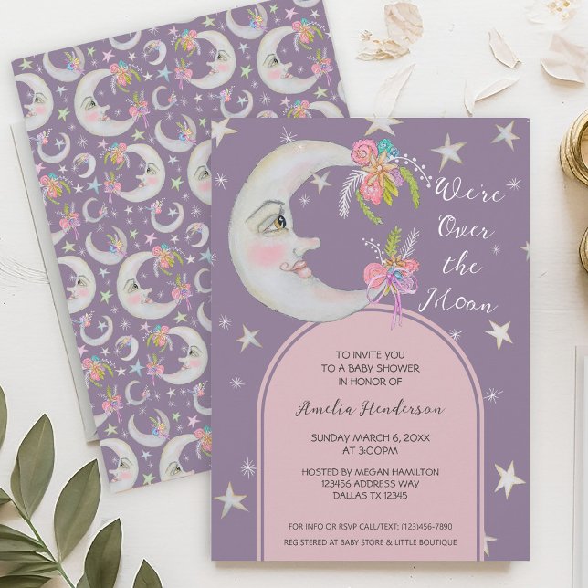Over the Moon Stars Floral Lavender Baby Shower Invitation (Creator Uploaded)