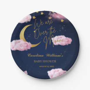 Over the Moon stars pink baby shower Paper Plate
