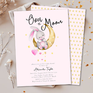 Over the Moon Stars Rabbit Pink Girl Baby Shower Invitation