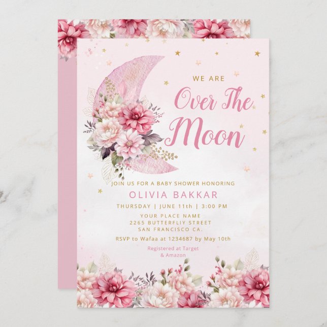 Over The Moon & Stars Watercolor Girl Baby Shower  Invitation (Front/Back)