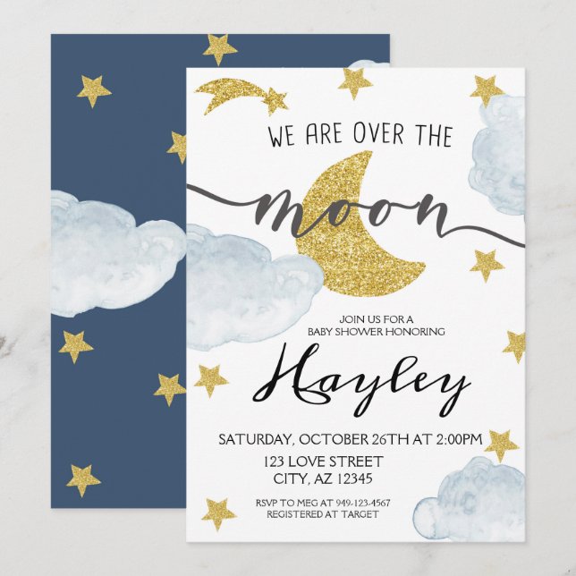 Over the Moon Steel Blue Boys Baby Shower Invitation (Front/Back)