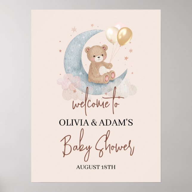 Over The Moon Teddy Bear Baby Shower Welcome Sign (Front)