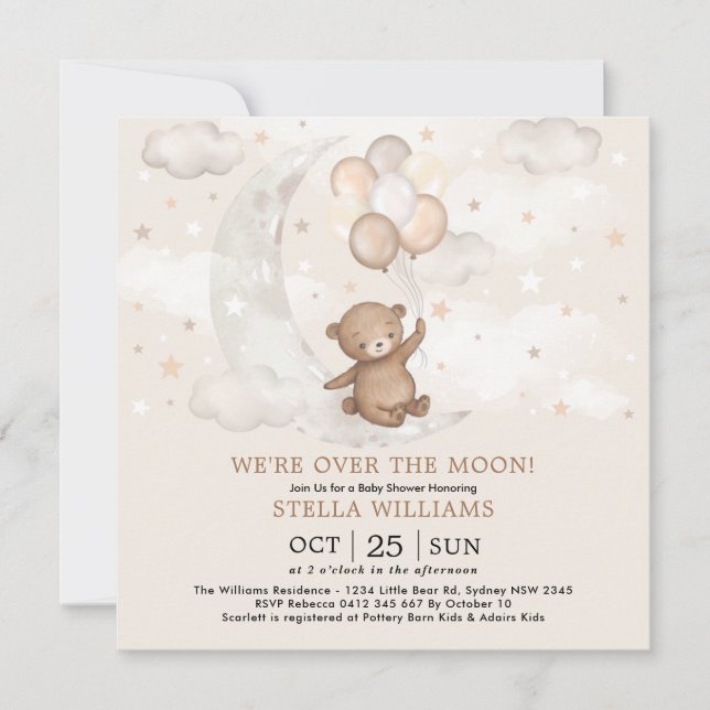 Over the Moon Teddy Bear Balloons Baby Shower Invitation (Front)