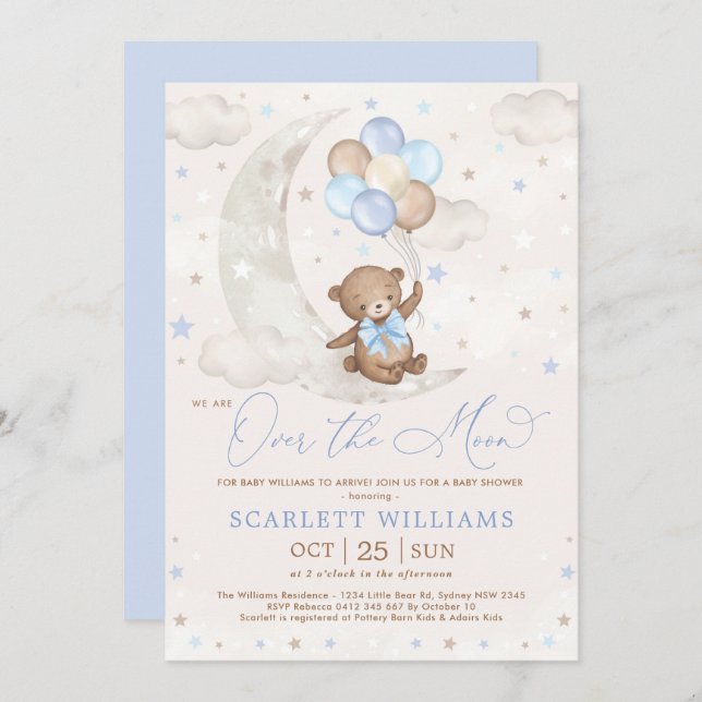 Over the Moon Teddy Bear Balloons Boy Baby Shower Invitation (Front/Back)