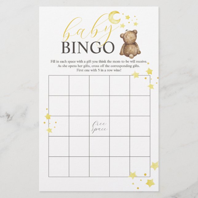 Over the Moon Teddy Bear BINGO Baby Shower Game Flyer (Front)
