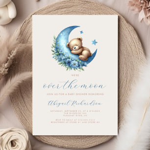 Over the Moon Teddy Bear Blue Boy Baby Shower Invitation