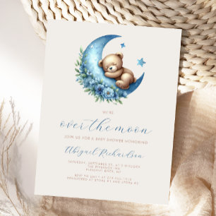 Over the Moon Teddy Bear Blue Boy Baby Shower Postcard
