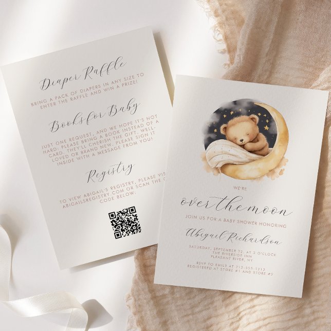 Over the Moon Teddy Bear Boho QR Code Baby Shower Invitation (Creator Uploaded)