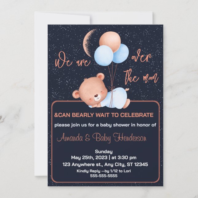 Over The Moon Teddy Bear Sage Green Baby Shower Invitation (Front)