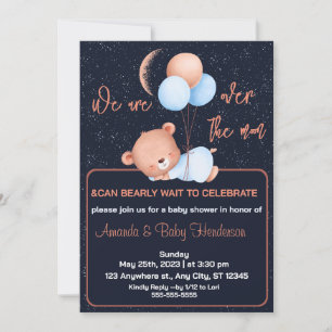 Over The Moon Teddy Bear Sage Green Baby Shower Invitation
