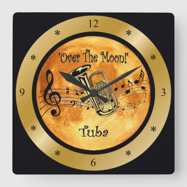 “Over The Moon”~ Tuba ~ Musical Scale ~ * ~ Square Wall Clock (Front)