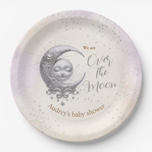 Over The Moon Unisex Purple Cream Baby Shower  Paper Plate