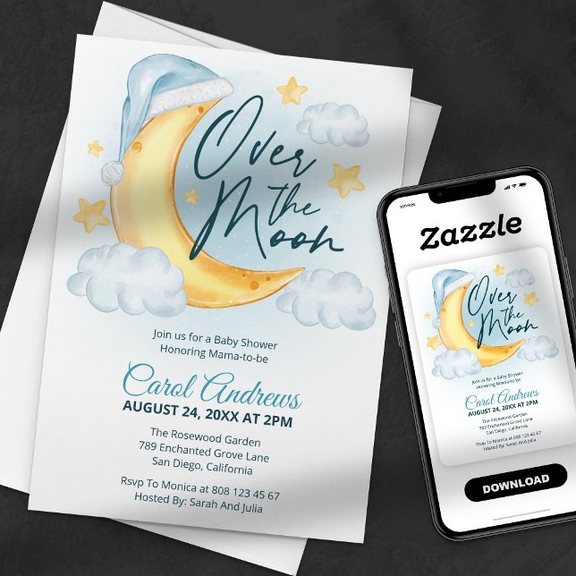 Over The Moon Watercolor Boy Baby Shower Invitation (Creator Uploaded)