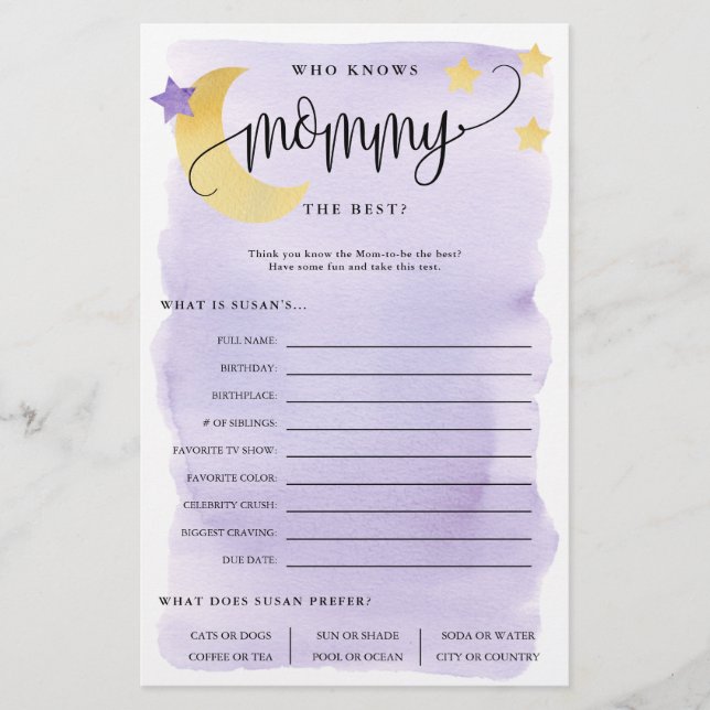 Over the Moon Who Knows Mum Purple Paper Game Card (Front)