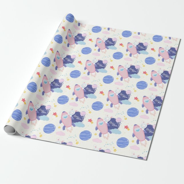 Over the moon with a cute bunny astronaut wrapping paper (Unrolled)