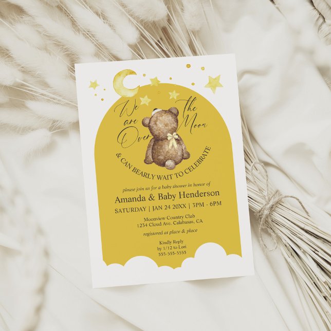 Over The Moon Yellow Girl Teddy Bear Baby Shower Invitation (Creator Uploaded)