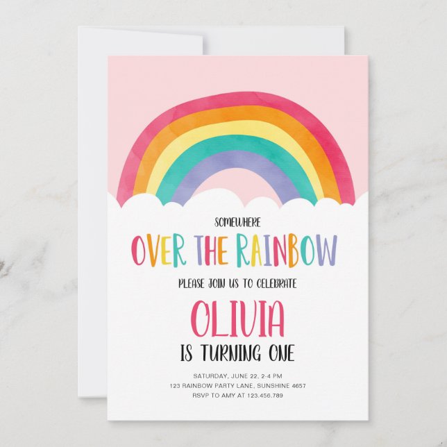 Over the Rainbow Pink Girl Birthday Invitation (Front)