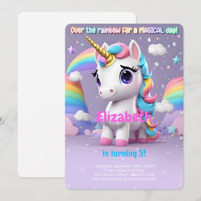 Over The Rainbow, Unicorn Birthday Invitation (Front/Back)