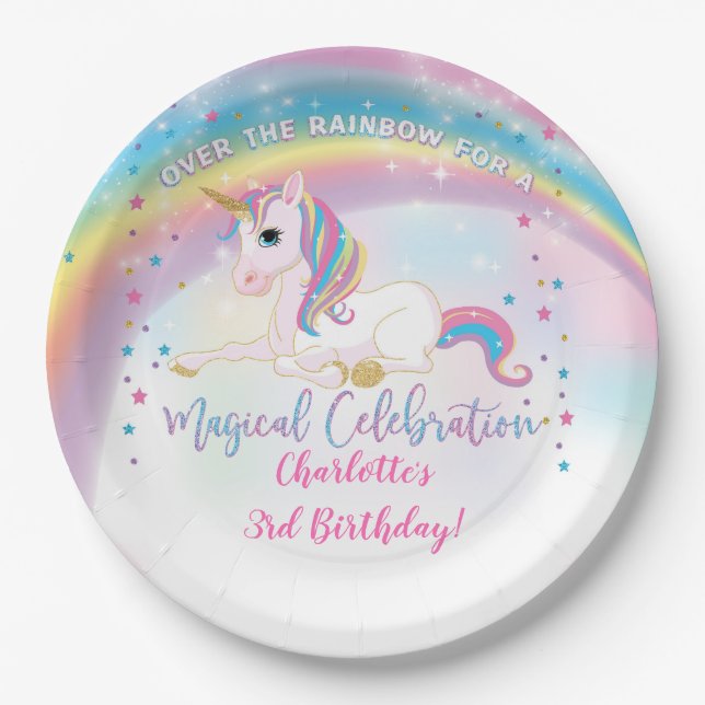 Over The Rainbow Unicorn Birthday  Paper Plate (Front)