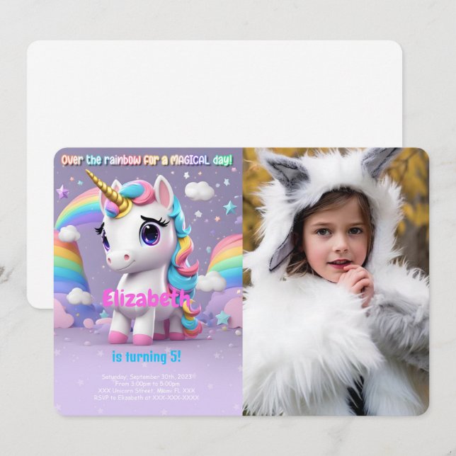 Over The Rainbow, Unicorn Birthday Photo Invitation (Front/Back)
