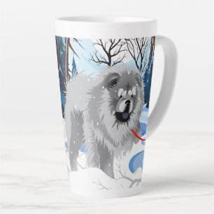 OVER THE RIVER Blue Chow latte mug with text