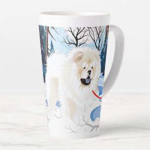 OVER THE RIVER Cream Chow latte mug with text