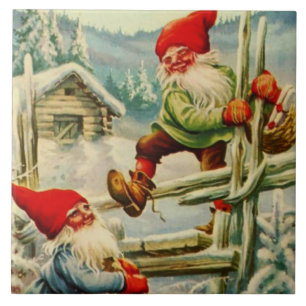 “Over the Wooden Fence” Gnomes by Jenny Nystrom Ceramic Tile