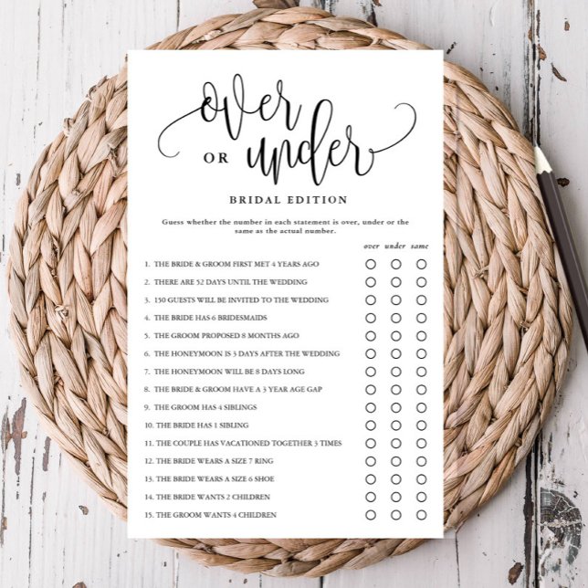 Over Under Bridal Shower Editable Paper Game Card (Creator Uploaded)