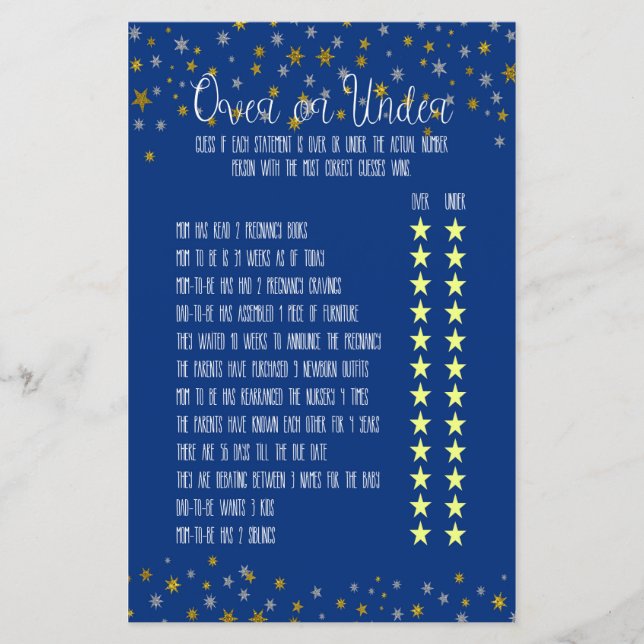 Over Under Little Star Baby Shower Game (Front)