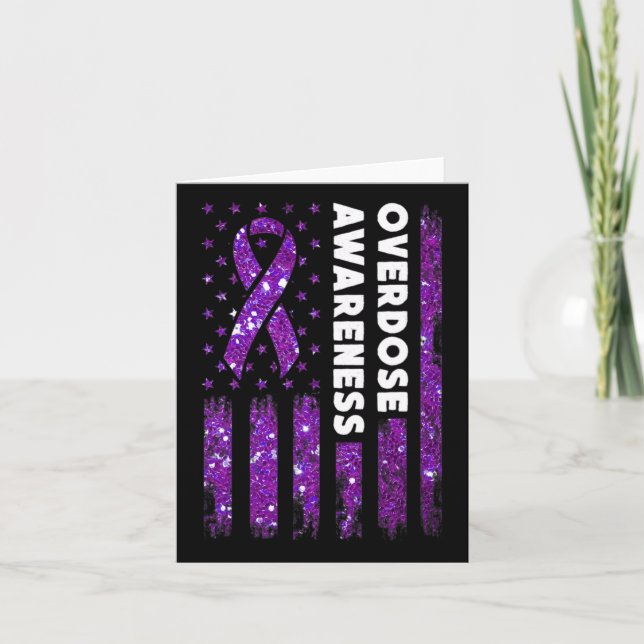 Overdose Awareness Flag Pruple Ribbon Addiction Re Card (Front)