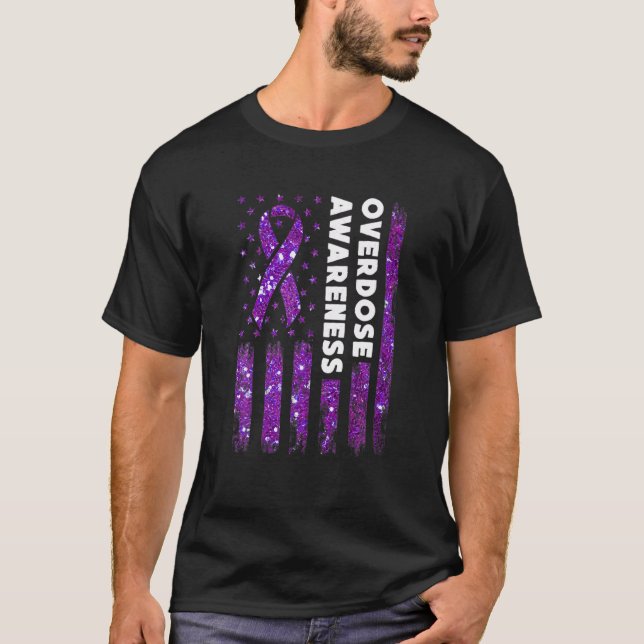 Overdose Awareness Flag Pruple Ribbon Addiction Re T-Shirt (Front)