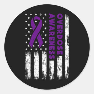 Overdose Awareness Flag Purple Ribbon Addiction Re Classic Round Sticker