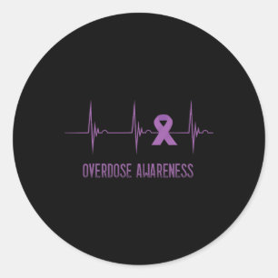 Overdose Awareness Heartbeat Ekg Pulse Purple Ribb Classic Round Sticker