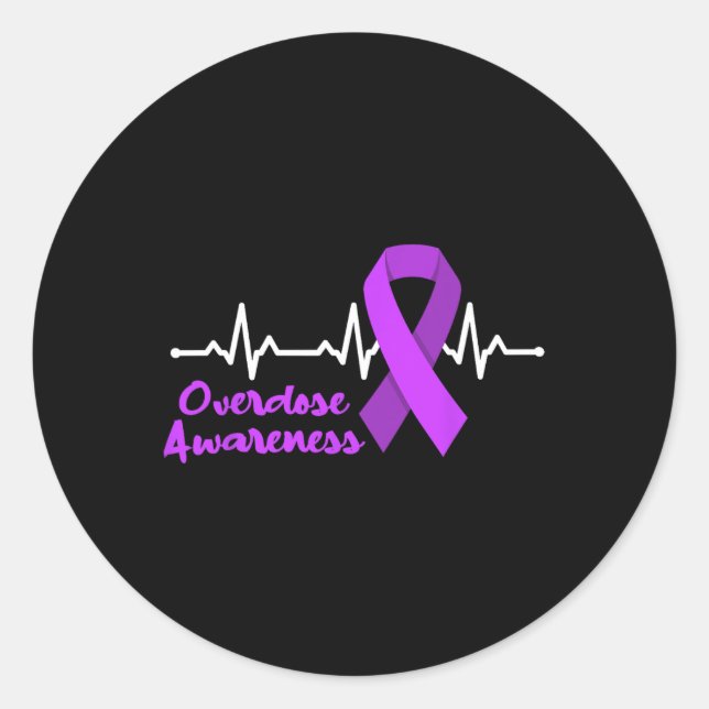 Overdose Awareness Heartbeat Purple Ribbon Opioid  Classic Round Sticker (Front)