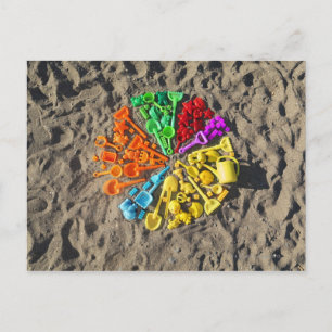 Overhead view of colourful children's plastic postcard
