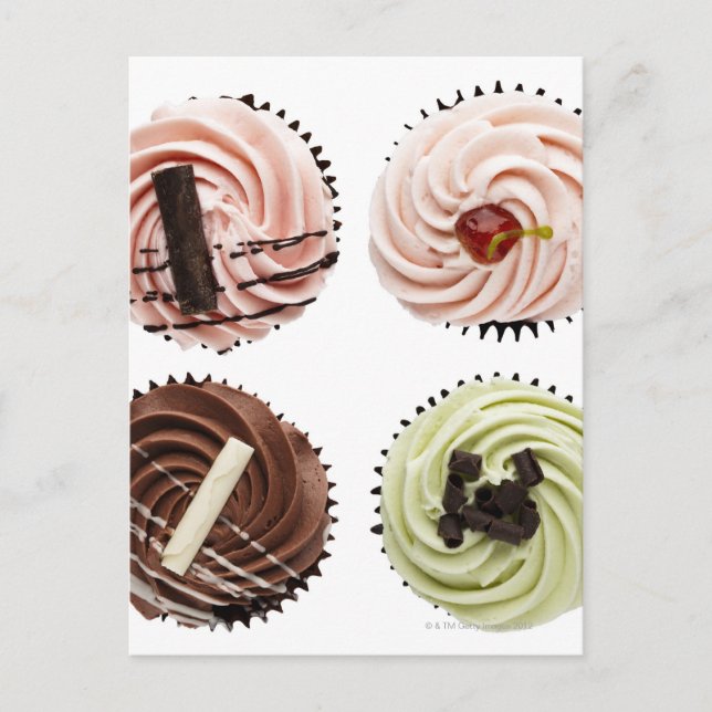 Overhead view of four cup cakes on white postcard (Front)