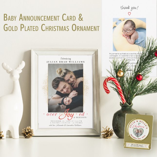Overjoyed Blessed Photo Holiday Birth Announcement (Overjoyed Blessed Photo Holiday Birth Announcement, Gold Plated Christmas Ornament Gift grandparents)