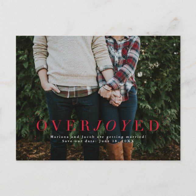 Overjoyed red save the date holiday photo postcard (Front)