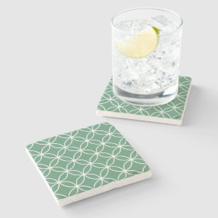 Overlappin Circles Sage Green White Pattern Stone Coaster